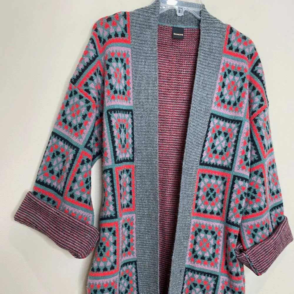 Saachi Square Patch Open Front LOng Kimono Cardigan *Grey* One Size - Picture 10 of 13
